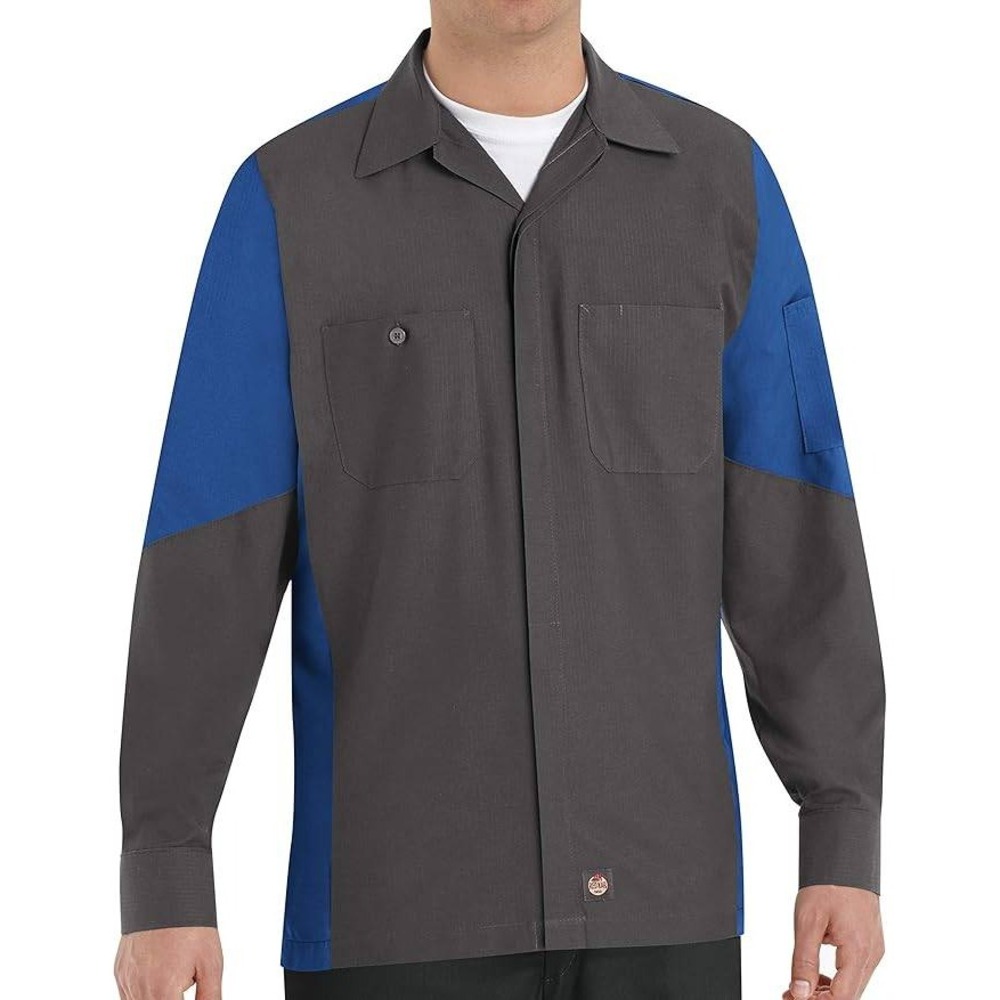 Red Kap Mens Automotive Work Shirt Charcoal Blue Colorblock Long Sleeve XXL